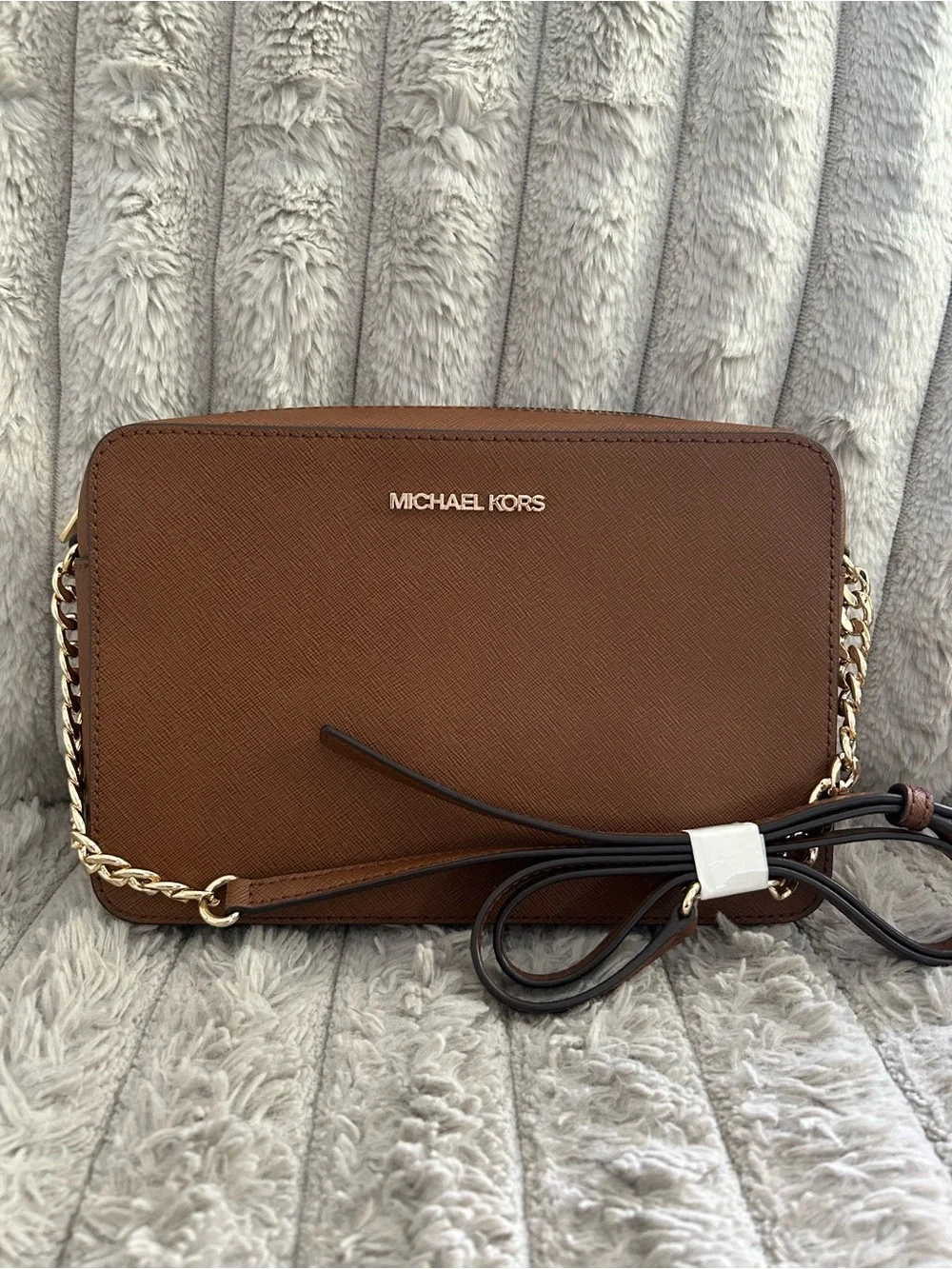 Michael Kors Jet Set Travel Large Saffiano Leather Crossbody Brown Gold